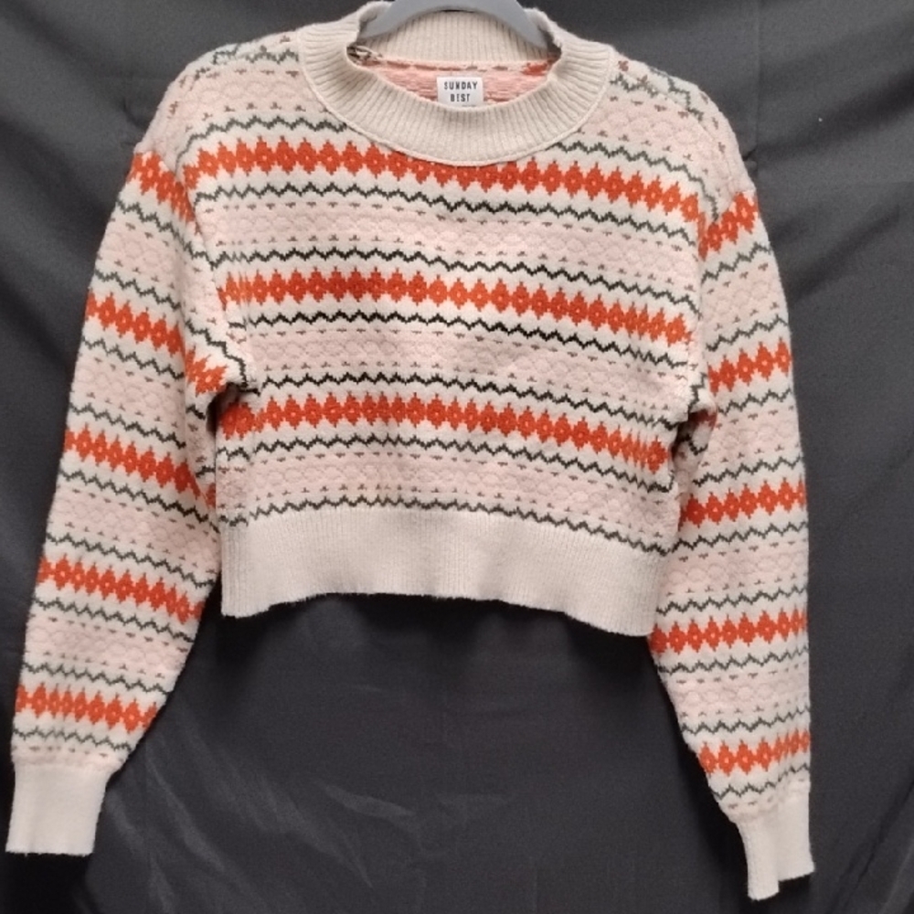 Sunday Best Cream Cropped Crewneck Sweater with Orange & Green Fair Isle